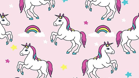 Pink Unicorns and Rainbows Cotton - 115gsm - sold by the metre