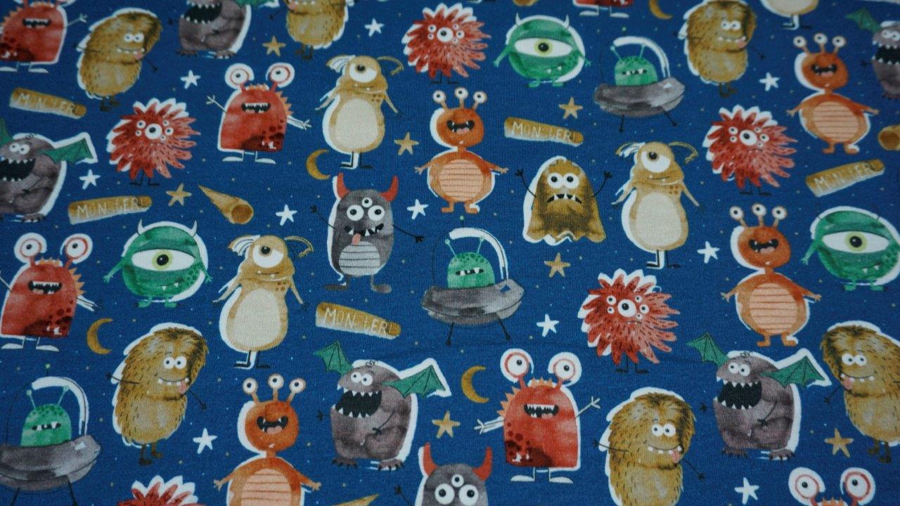 GOTS Blue Little Monsters Cotton Jersey - 200gsm